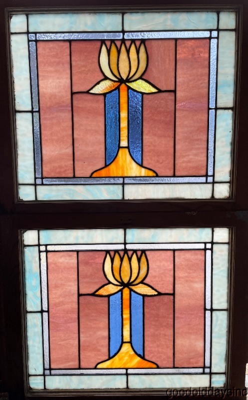 Pair of Antique Chicago Stained Leaded Glass Windows Circa 1915 28" x 23"