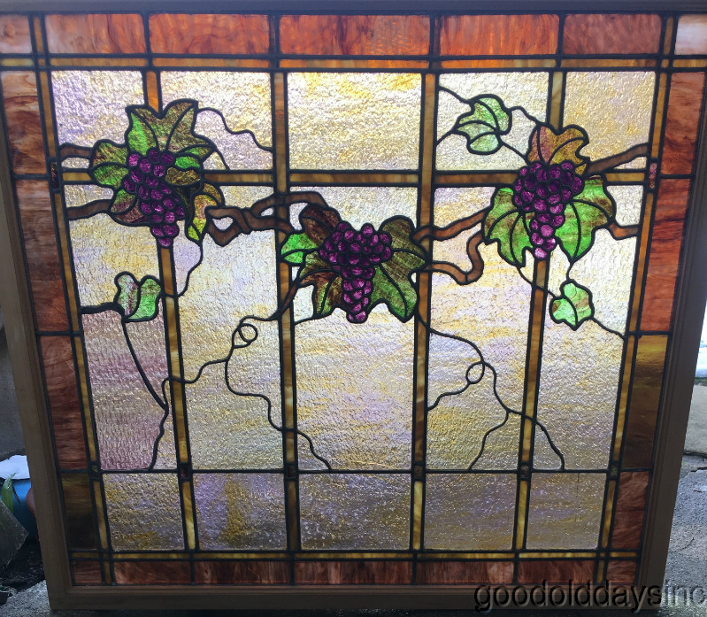 Large Antique 1920s Stained Leaded Glass Grape Vine Window 43" by 38" 