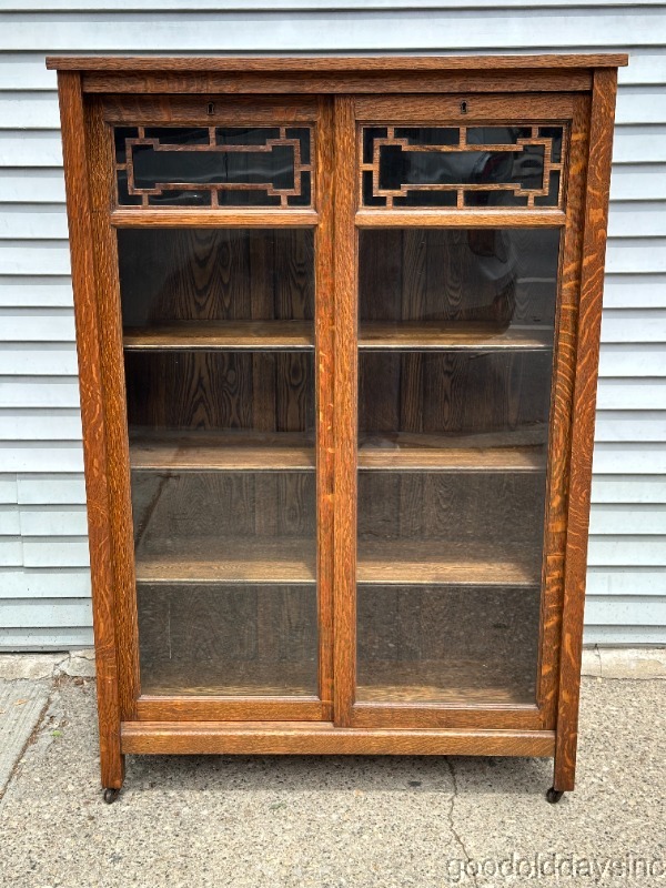 Antique Arts & Crafts Oak Bookcase with sliding Glass Doors Display Cabinet