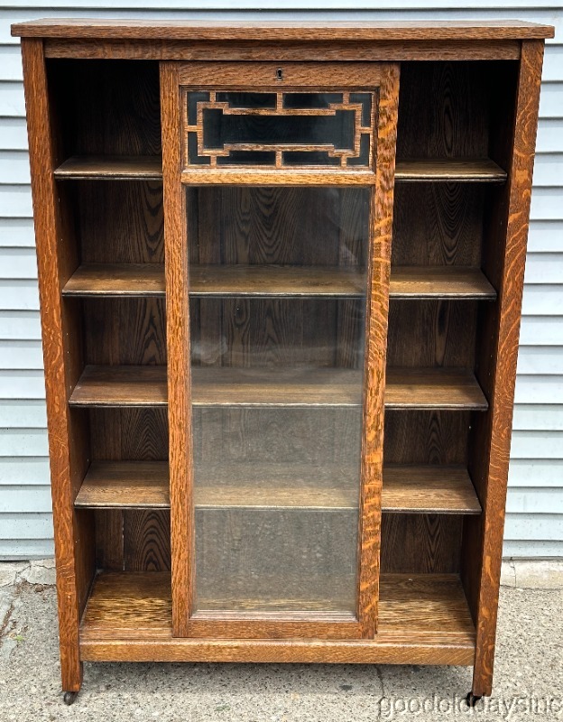 Antique Arts & Crafts Oak Bookcase with sliding Glass Doors Display Cabinet