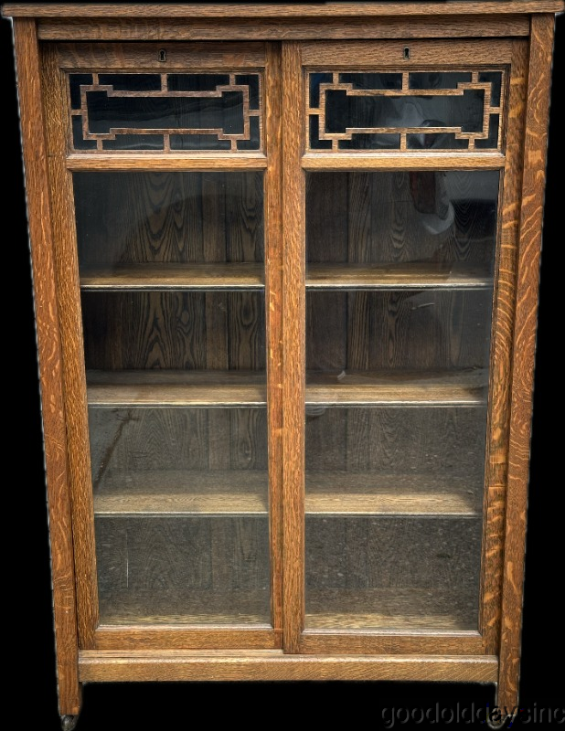 Antique Arts & Crafts Oak Bookcase with sliding Glass Doors Display Cabinet