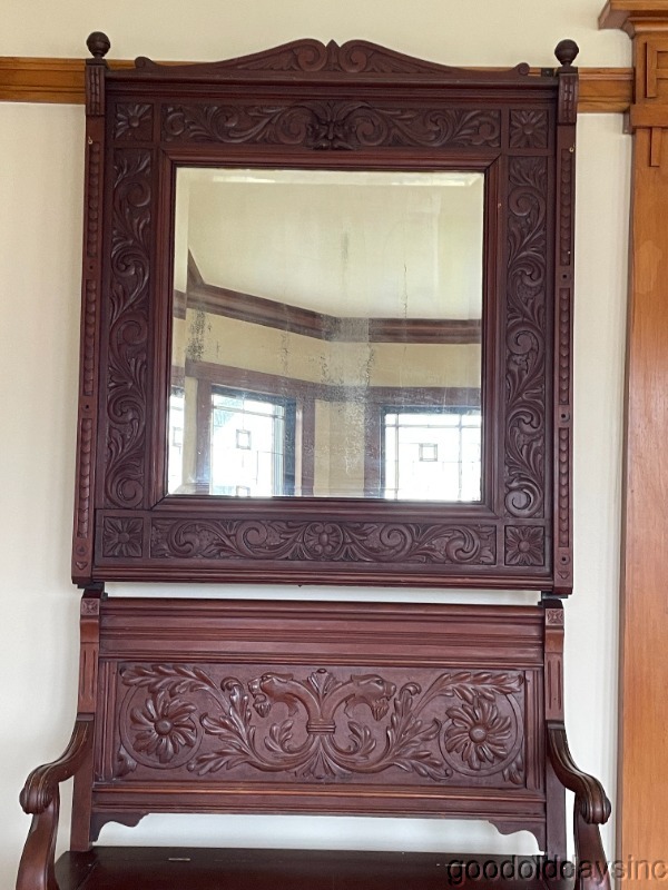 Antique Carved Mahogany Hall Tree w/ Storage Bench & Large Beveled Mirror