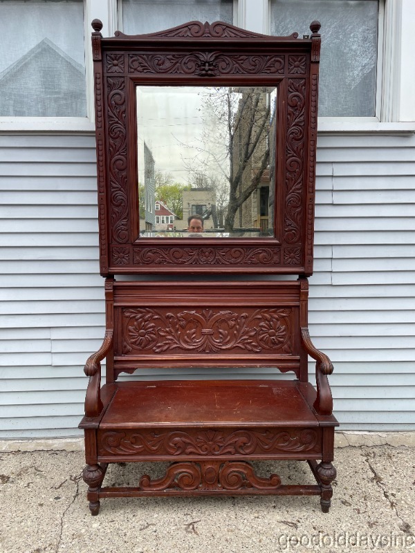 Antique Carved Mahogany Hall Tree w/ Storage Bench & Large Beveled Mirror
