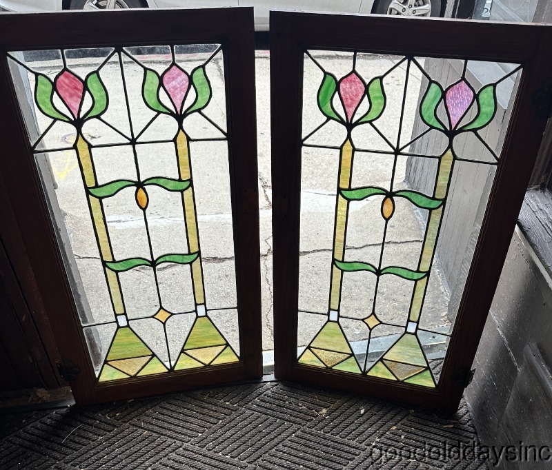 Antique 1917 Stained Leaded Glass Bookcase Cabinet Doors Windows
