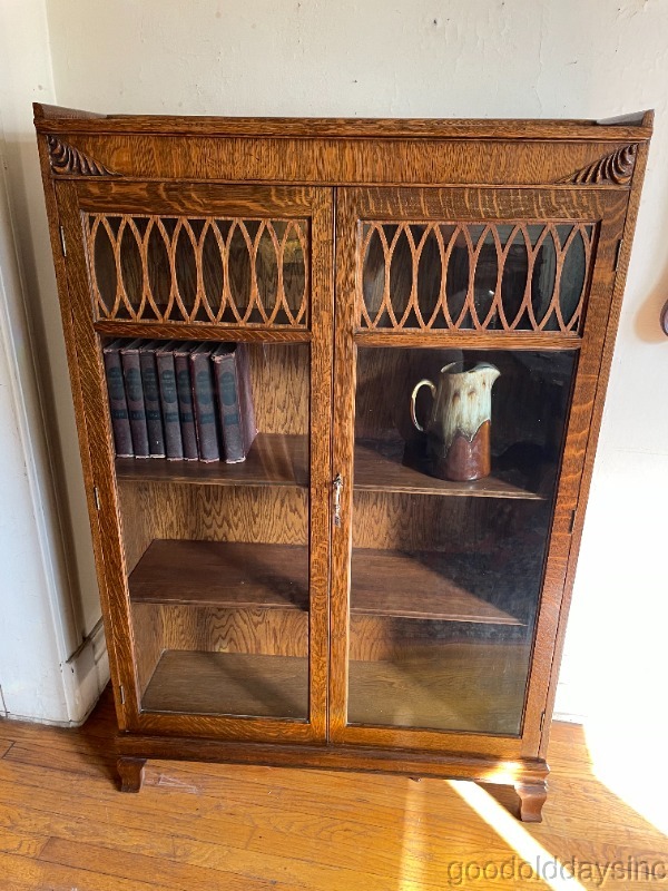 Antique Craved Oak 2 Door Glass Bookcase Circa 1910