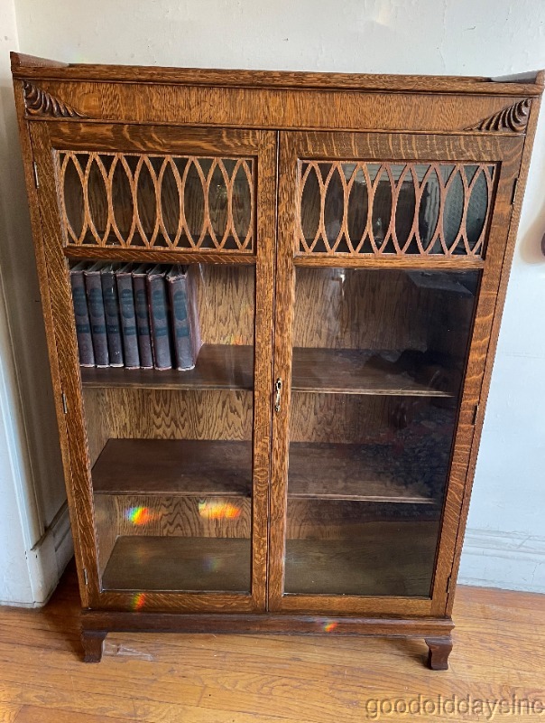 Antique Craved Oak 2 Door Glass Bookcase Circa 1910