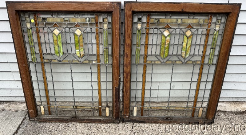 Pair of Antique Arts & Crafts Craftsman Stained Leaded Glass Windows