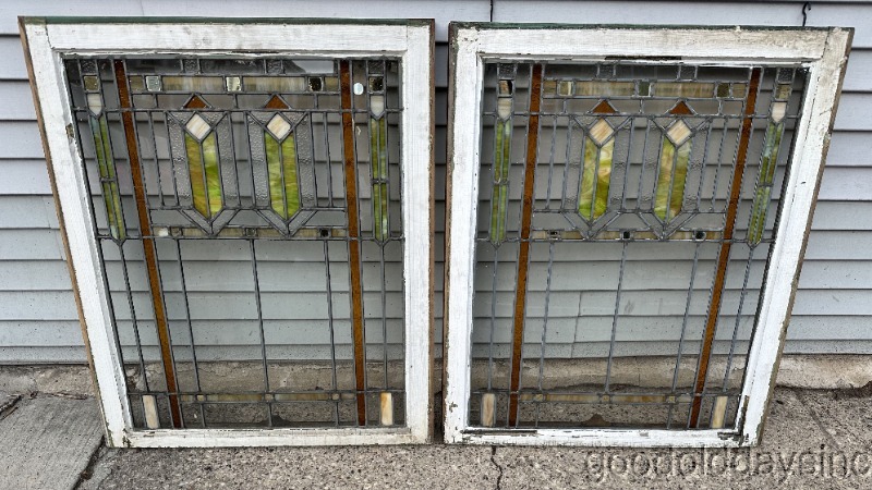 Pair of Antique Arts & Crafts Craftsman Stained Leaded Glass Windows
