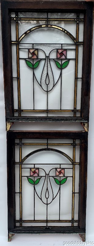 2 of 4 Antique 1920s Chicago Bungalow Square Rose Stained Leaded Glass Window