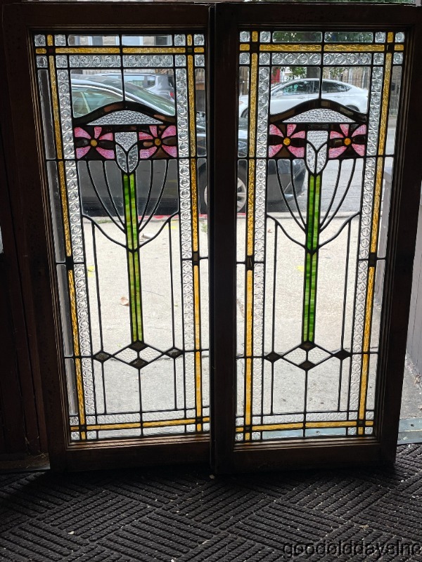 Wow 2 Antique Stained Leaded Glass Windows / Doors Circa 1915 From Chicago