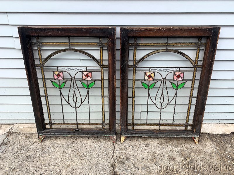 2 of 4 Antique 1920s Chicago Bungalow Square Rose Stained Leaded Glass Window