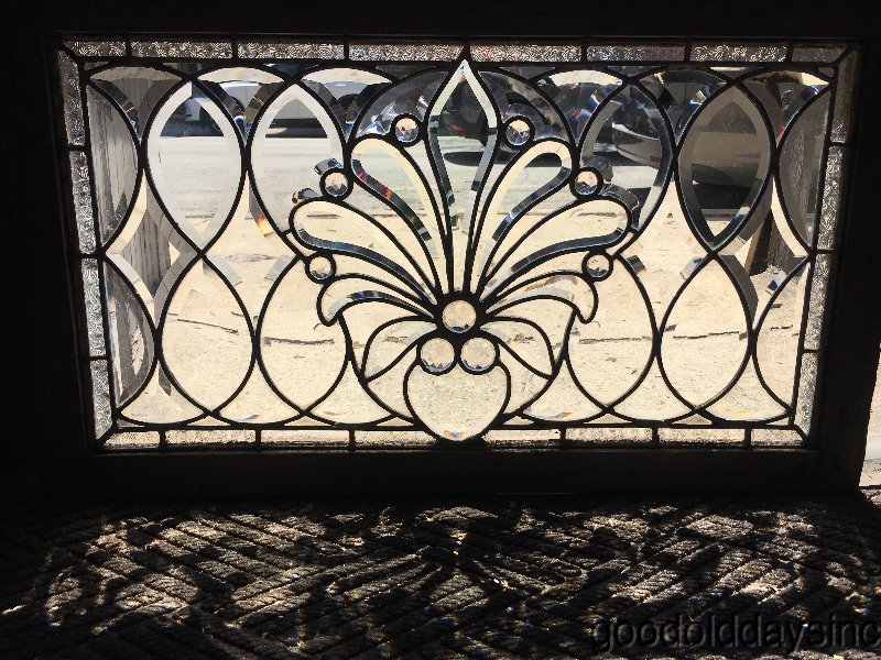Elegant Fleur De Lis - Beveled & Jeweled Glass Transom Window 34" x 20" Antique