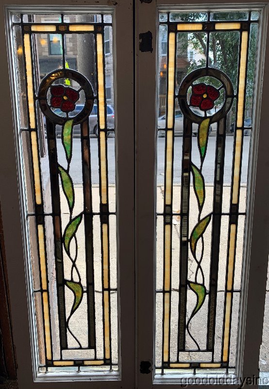 2 Beautiful Antique Chicago Stained Leaded Glass Windows / Doors Circa 1925