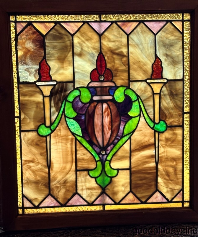 Colorful Antique Chicago Stained Leaded Glass Window with Torch 23" x 21"