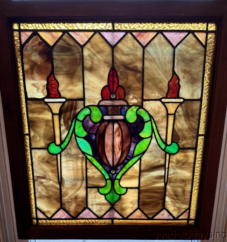 Colorful Antique Chicago Stained Leaded Glass Window with Torch 23" x 21"