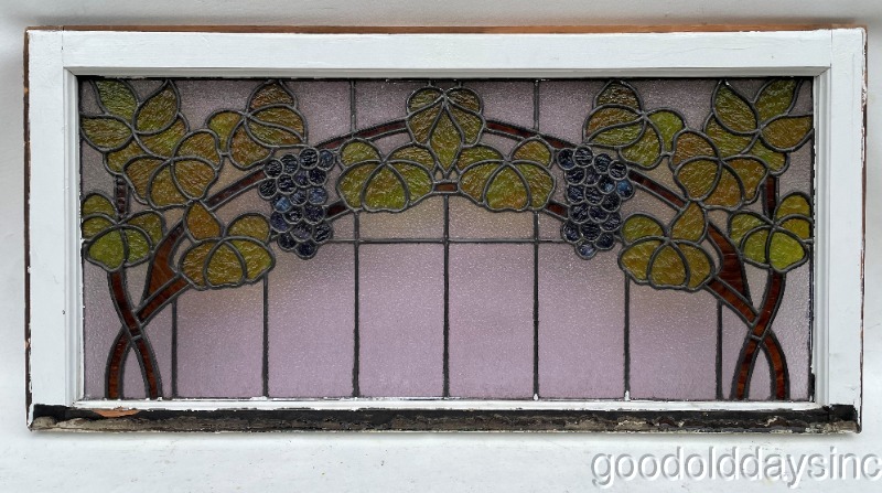 Antique Stained Leaded Glass Grape Vine Transom Window Circa 1910