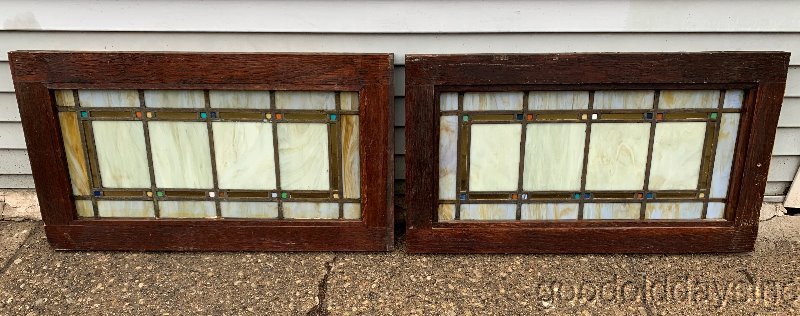 2 Antique Chicago Arts & Crafts Stained Leaded Glass Transom Windows 33" x 18"