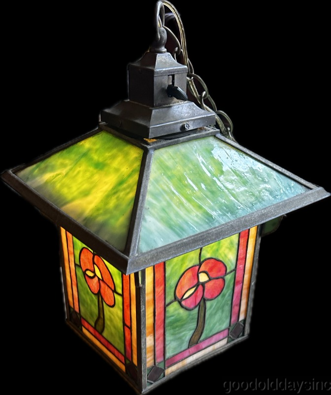 Antique Arts Crafts Prairie Style Light Fixture Lamp Shade Stained Leaded Glass