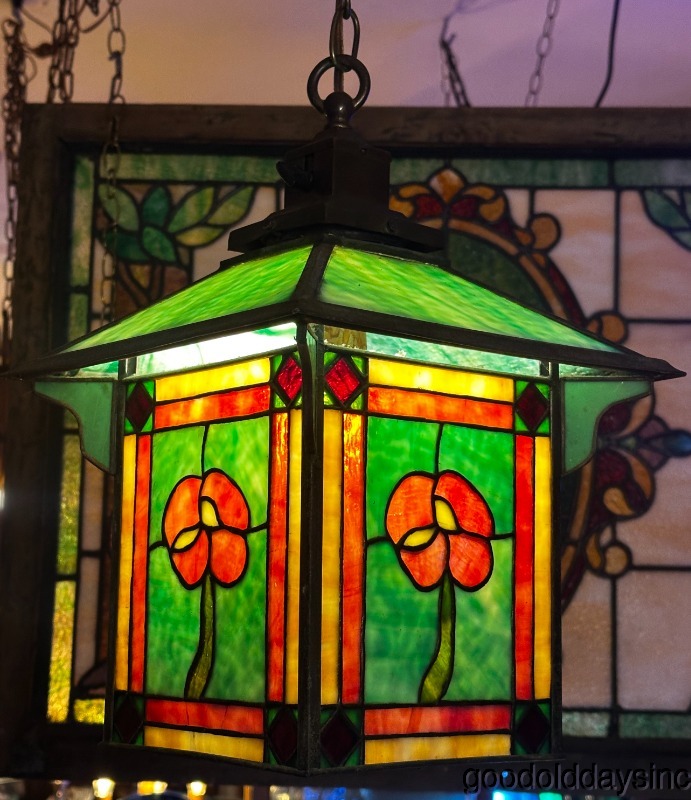 Antique Arts Crafts Prairie Style Light Fixture Lamp Shade Stained Leaded Glass