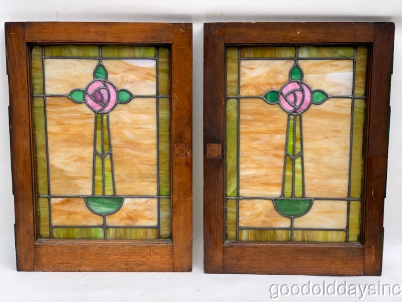 Pair of Antique 1920's Stained Leaded Glass Windows With one flower 25" x 18"