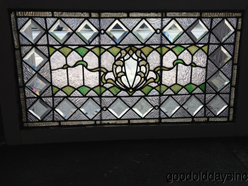 Victorian Stained & Beveled Glass Transom Window w Jewels