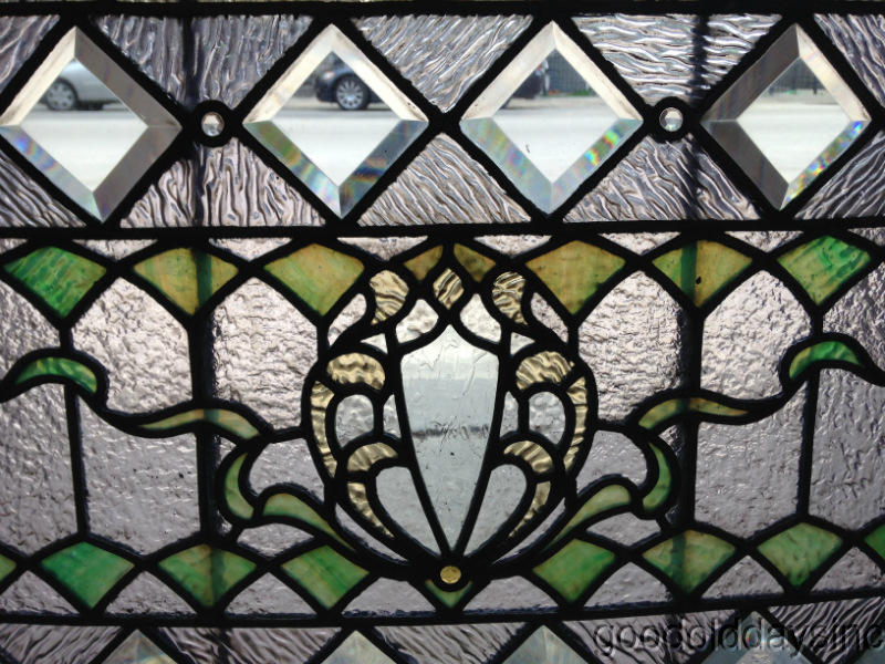 Victorian Stained & Beveled Glass Transom Window w Jewels