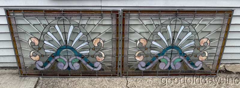Pair of Old Chicago Stained Beveled & Jeweled Glass Transom Windows Circa. 1890 39" x 25"