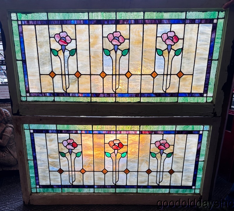 Antique Pair of Stained Leaded Glass Transom Window Chicago Bungalow Ca. 1920