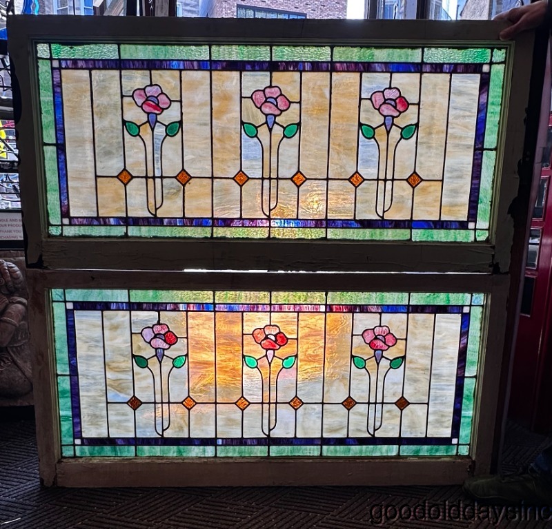 Antique Pair of Stained Leaded Glass Transom Window Chicago Bungalow Ca. 1920