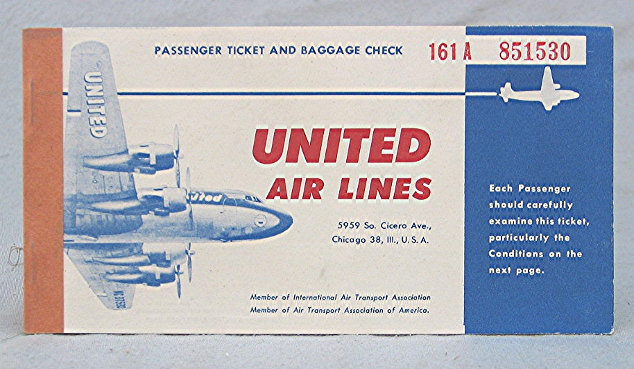 Vintage United Airlines Ticket 1950 -- Burbank to San Francisco