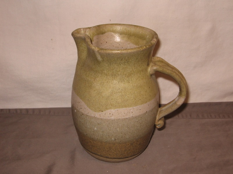 Green Striped Pottery Pitcher Signed White '79 on Bottom 61/2