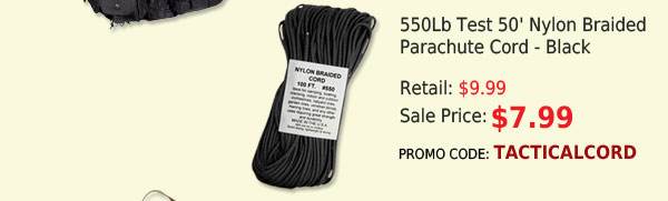 Black 550 Lb Test 50' Nylon Braided Parachute Cord