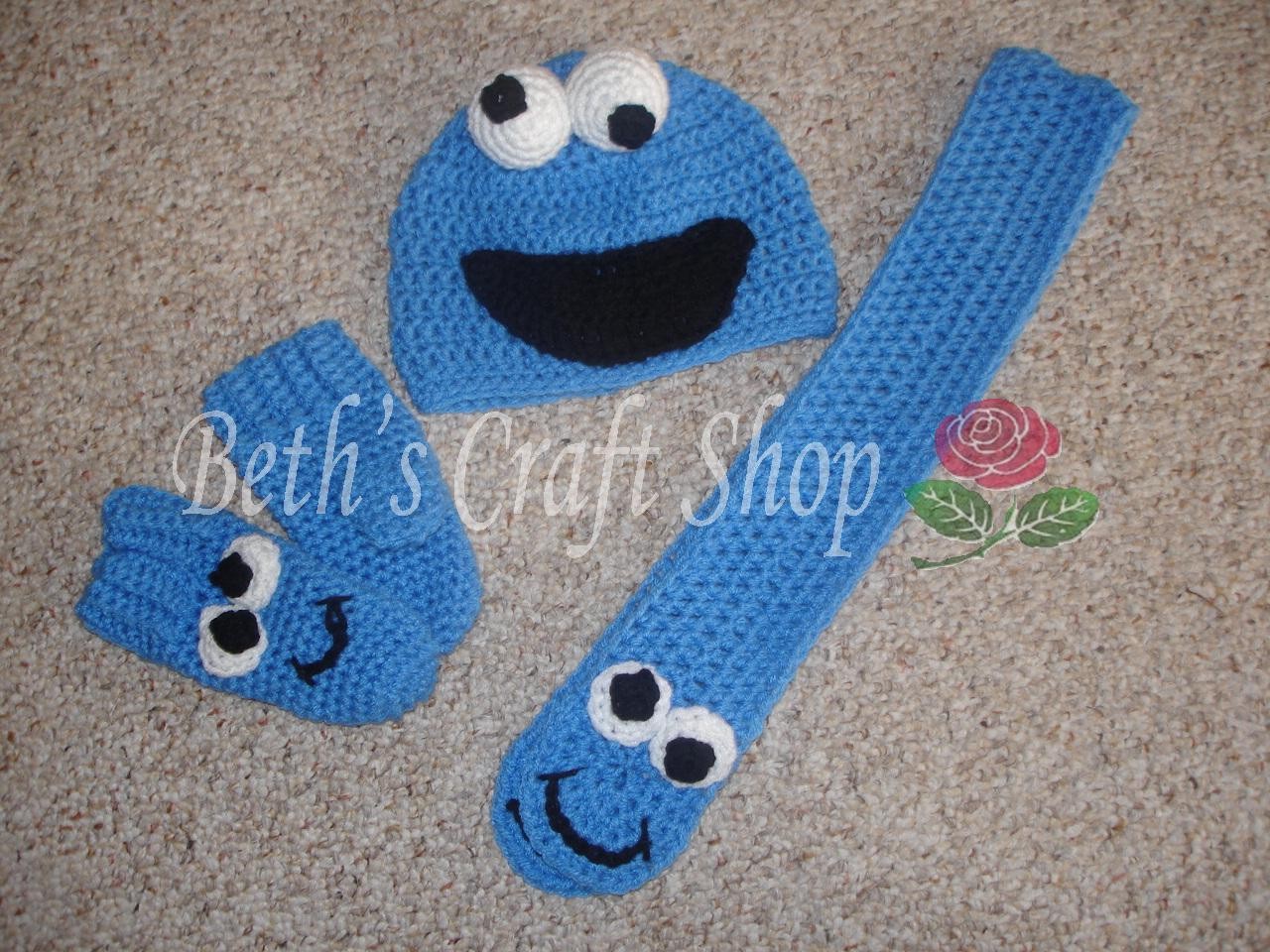 Blue Monster Crochet Hat/Scarf/Mitten Set, Beth's Craft Shop