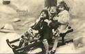 Trio of Children on Sled RPPC Photo Postcard-ff908