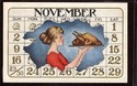 LADY in CALENDAR & TURKEY  THANKSGIVING POSTCARD-e