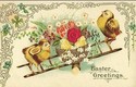 Chicks on Seesaw & Silk Flowers  Easter Postcard-h