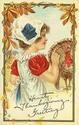 GIRL in BONNET with TURKEY THANKSGIVING POSTCARD-N