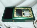 BEAUTIFUL WOODEN RELIQUARY DISPLAY BOX GREEN WITH 