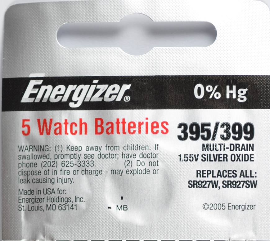 5 Energizer #395/399 SR927W SR927SW 0% Mercury Free 1.5V Silver Oxide Battery