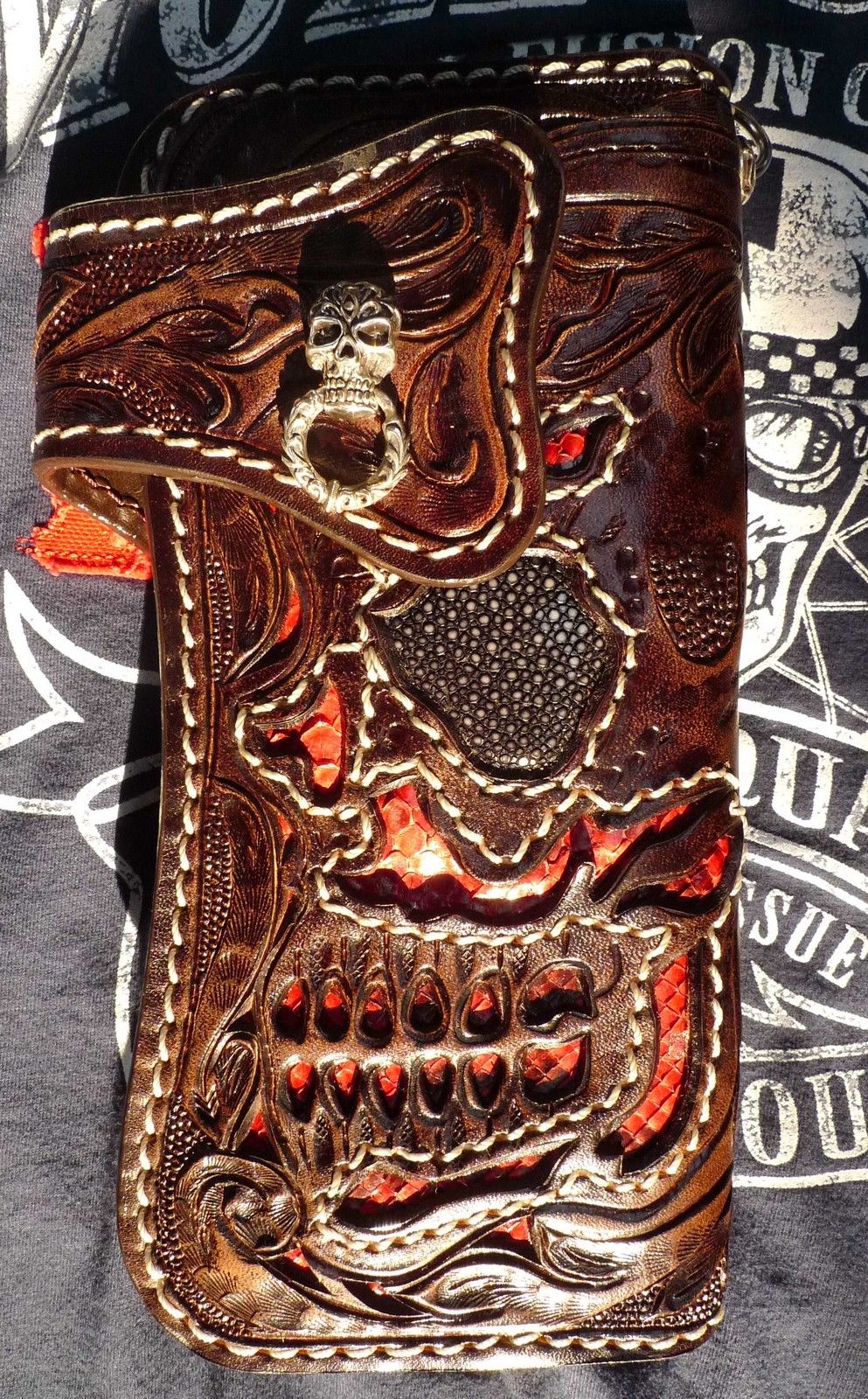 CARVED SKULL PYTHON STINGRAY BIKER BI FOLD CALF HA