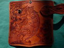BIFOLD CARVED DRAGON BROWN CALF LEATHER WALLET WIT