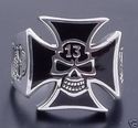 925 Silver Iron Cross Lucky 13 Skull Bone Ring sz 