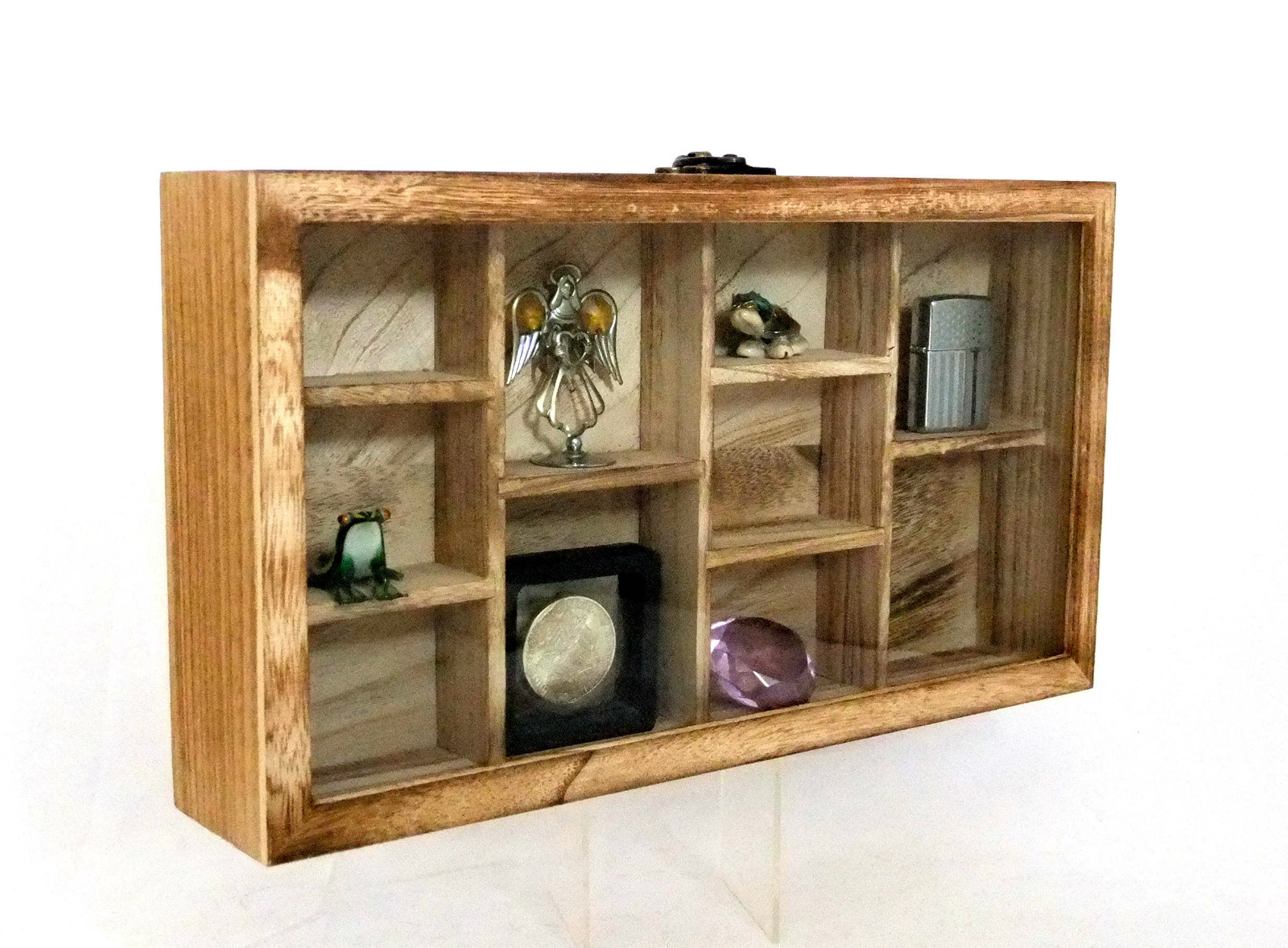 Glass Front Oak Colored Hanging Display Case 10 Compartments eBay