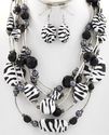 BLACK WHITE SILVER ZEBRA ANIMAL PRINT NECKLACE EAR