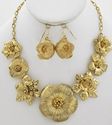 ANTIQUED GOLD METAL VICTORIAN FLOWER NECKLACE EARR