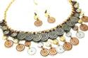 BOLD ANTIQUED GOLD SILVER COPPER COIN NECKLACE EAR