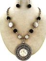 ANTIQUED HAMMERED SILVER METAL WOOD NECKLACE EARRI