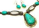 ANTIQUED GOLD NATURAL TURQUIOSE STONE NECKLACE EAR