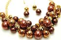 CHOCOLATE BROWN GLASS PEARL GOLD LINK NECKLACE EAR