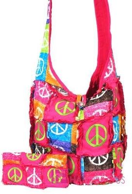 PEACE SIGN RAG QUILT COTTON PATCHWORK CROSSBODY BAG HOBO PURSE WALLET